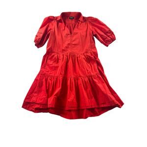 ME + EM Red Cotton Poplin Short Tiered Dress Size 4 Puff Sleeve Quiet Luxury